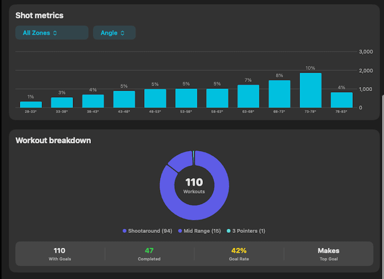 Ball AI analytics: shot metrics by angle and workout breakdown with goals