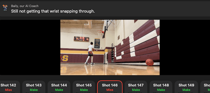 Ball AI full video with Bally AI Coach feedback and per-shot make or miss log