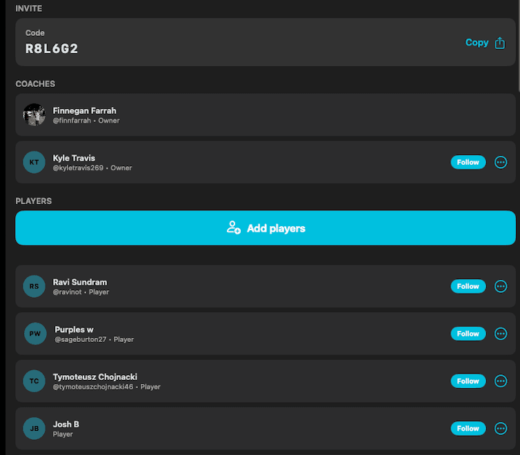 Ball AI coach dashboard with invite code, coaches, and player roster