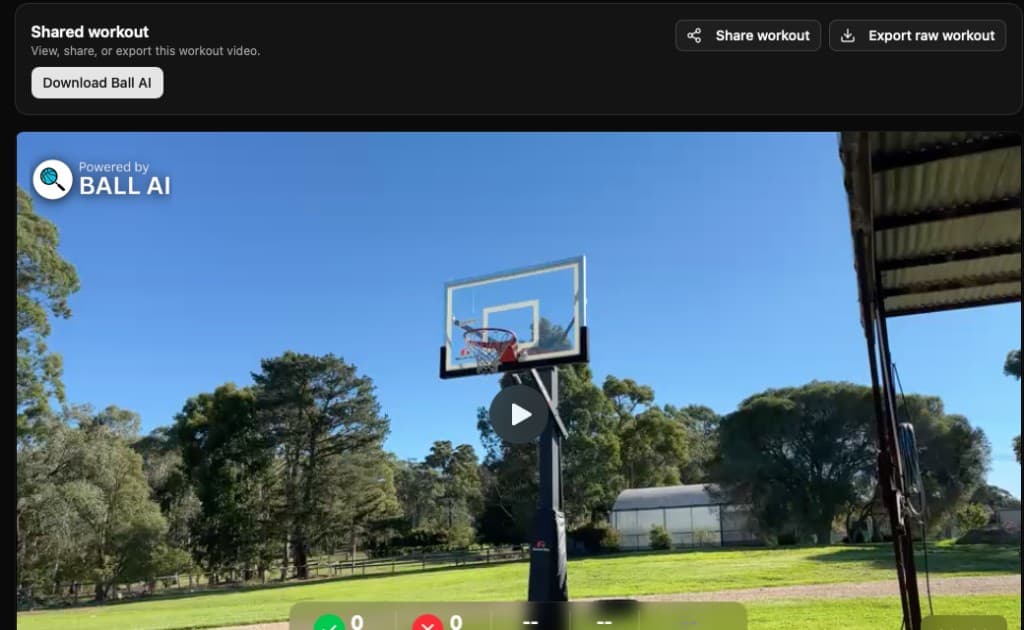 Ball AI shared workout page with video, share and export, and shot stats