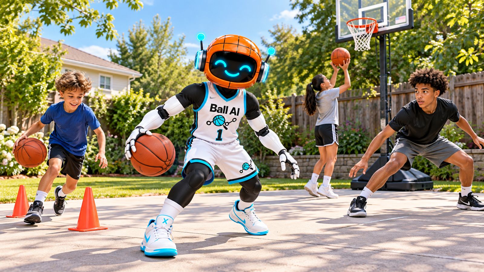 Kids ages 8 to 15 doing basketball drills in a backyard
