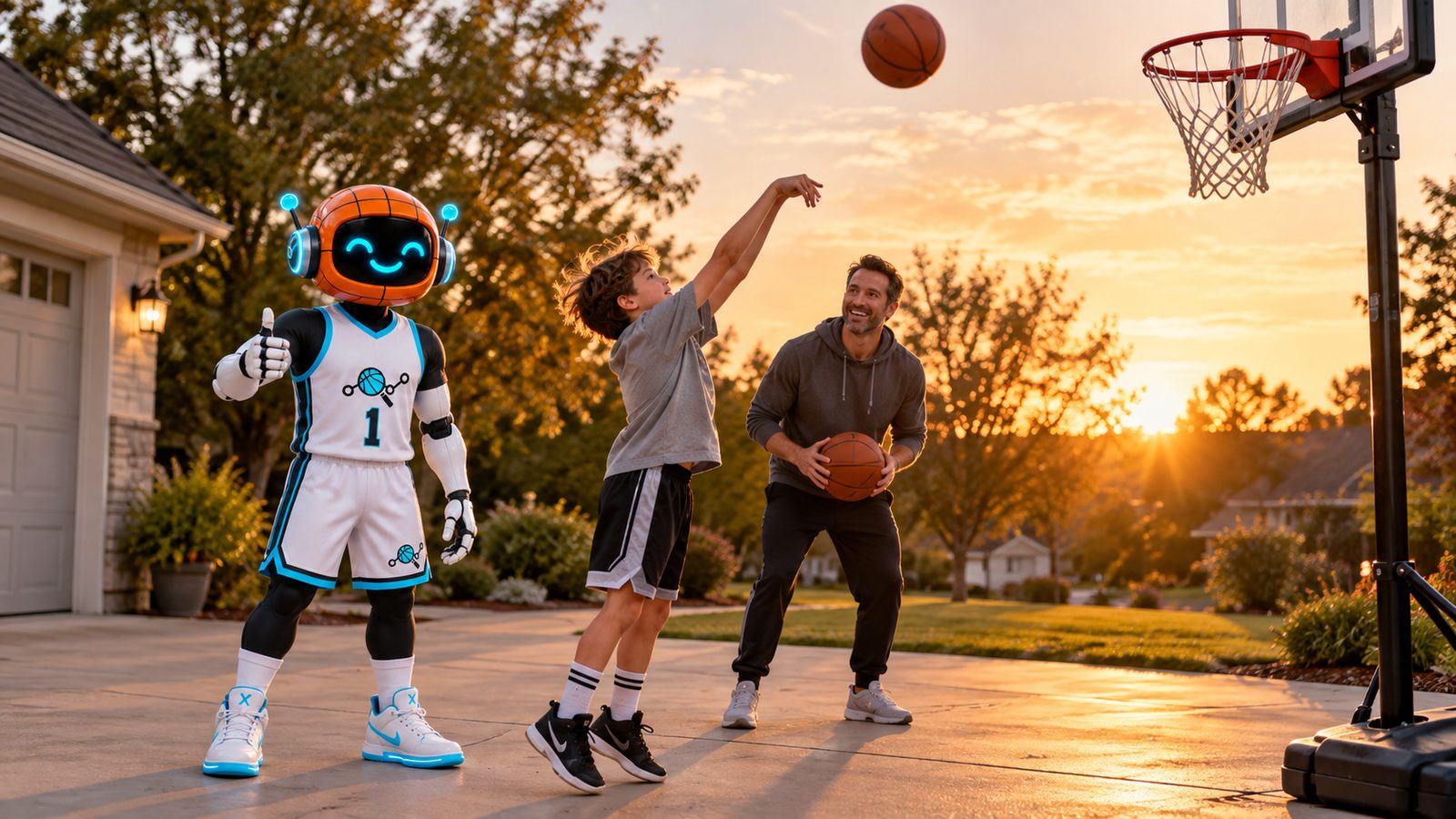 Parent rebounding for their child in the driveway