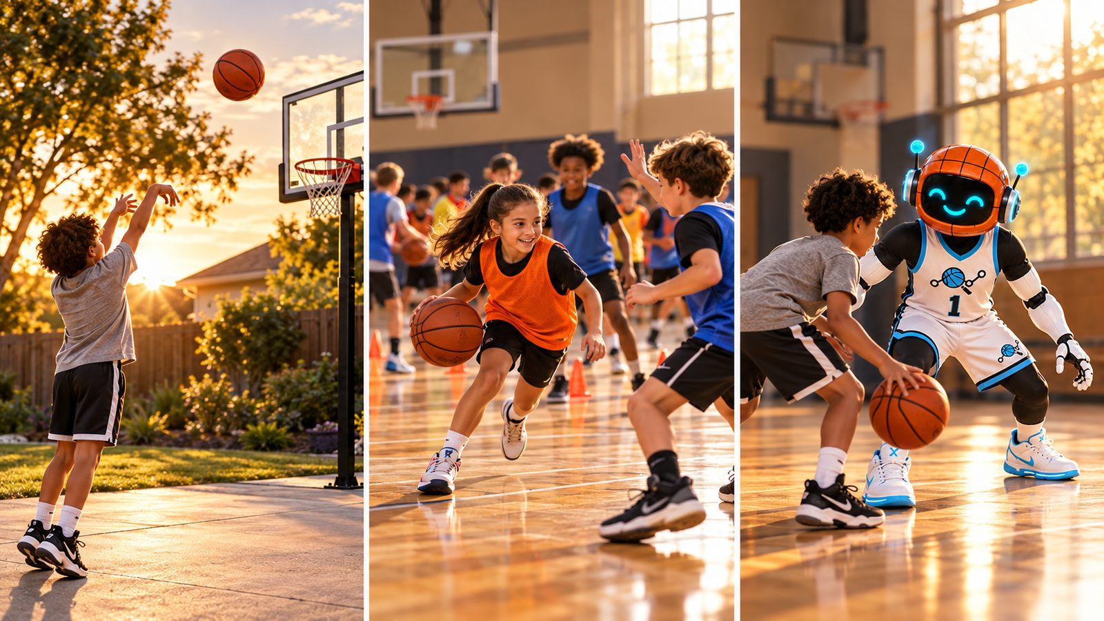 Kids training at home, at a basketball camp, and with a trainer